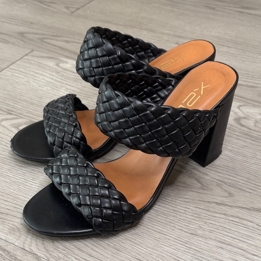 Braided Double-Strap Block Heel Slide Sandals - Black